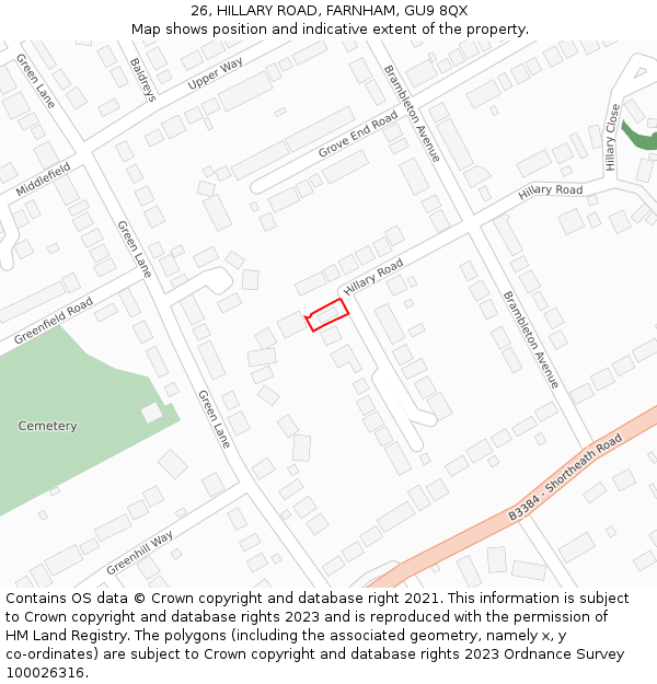 26, HILLARY ROAD, FARNHAM, GU9 8QX: Location map and indicative extent of plot