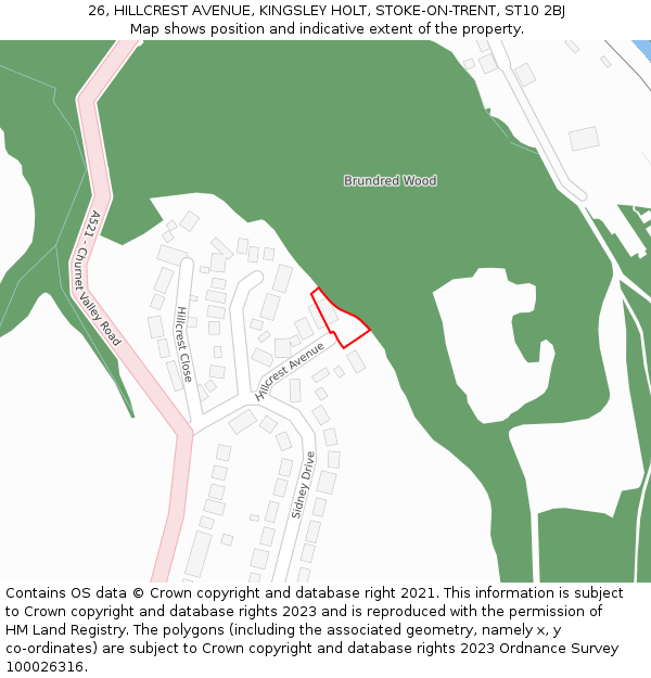 26, HILLCREST AVENUE, KINGSLEY HOLT, STOKE-ON-TRENT, ST10 2BJ: Location map and indicative extent of plot