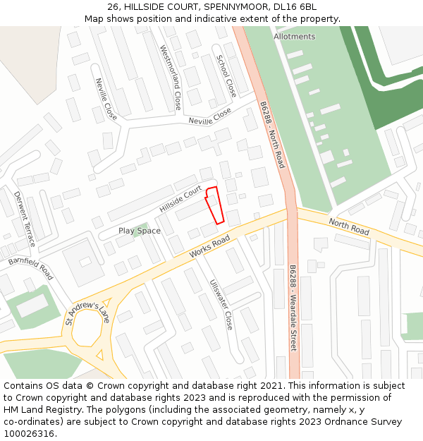 26, HILLSIDE COURT, SPENNYMOOR, DL16 6BL: Location map and indicative extent of plot