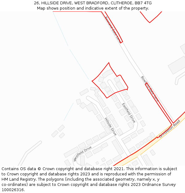 26, HILLSIDE DRIVE, WEST BRADFORD, CLITHEROE, BB7 4TG: Location map and indicative extent of plot