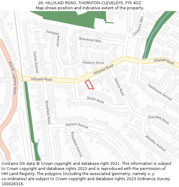 26, HILLYLAID ROAD, THORNTON-CLEVELEYS, FY5 4DZ: Location map and indicative extent of plot