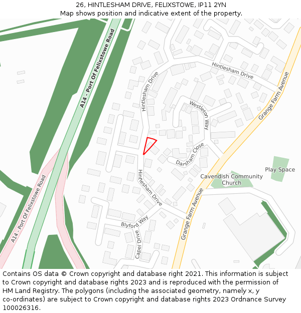 26, HINTLESHAM DRIVE, FELIXSTOWE, IP11 2YN: Location map and indicative extent of plot