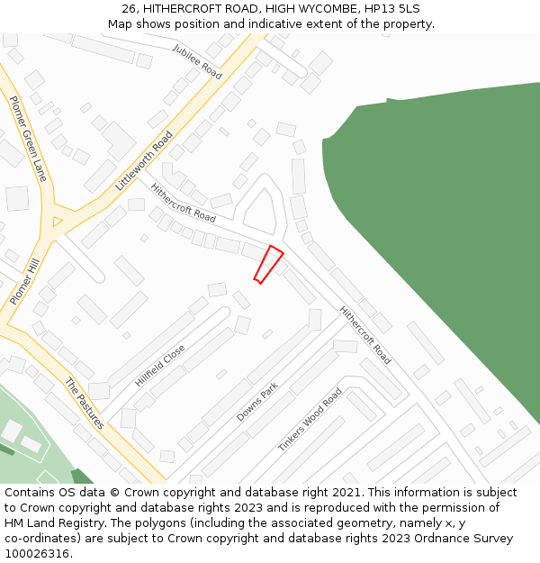 26, HITHERCROFT ROAD, HIGH WYCOMBE, HP13 5LS: Location map and indicative extent of plot