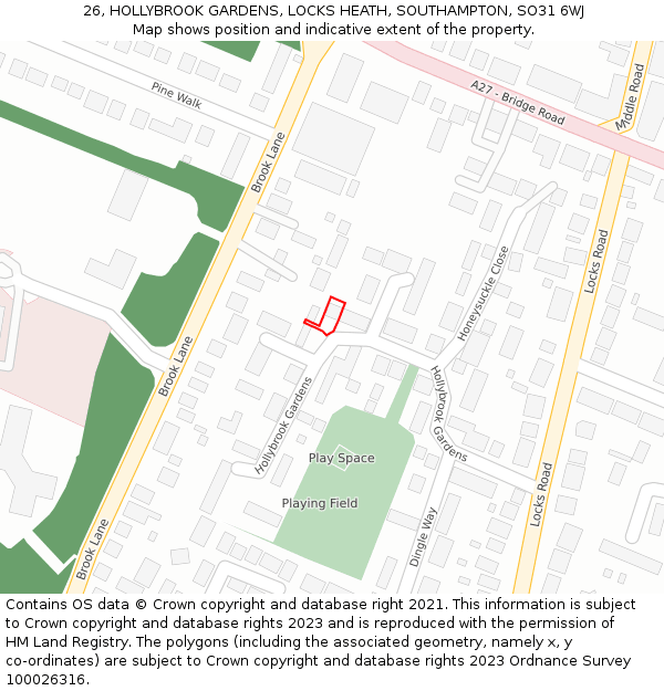 26, HOLLYBROOK GARDENS, LOCKS HEATH, SOUTHAMPTON, SO31 6WJ: Location map and indicative extent of plot