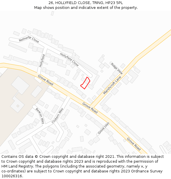 26, HOLLYFIELD CLOSE, TRING, HP23 5PL: Location map and indicative extent of plot