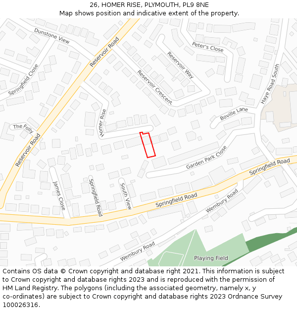 26, HOMER RISE, PLYMOUTH, PL9 8NE: Location map and indicative extent of plot