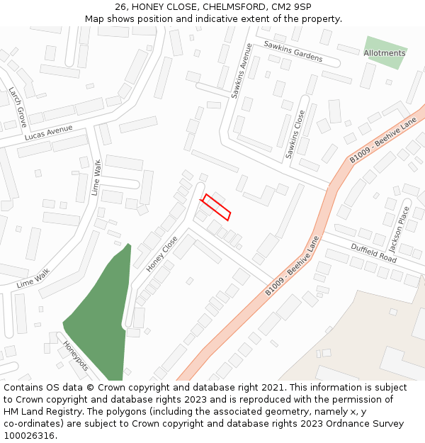 26, HONEY CLOSE, CHELMSFORD, CM2 9SP: Location map and indicative extent of plot