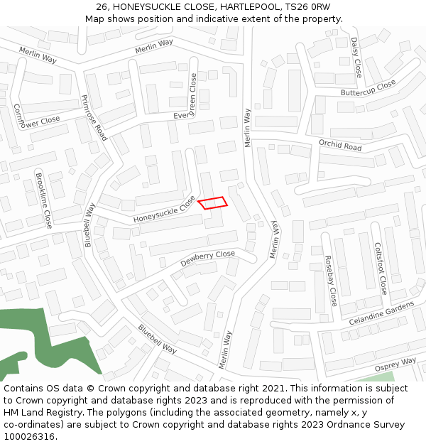 26, HONEYSUCKLE CLOSE, HARTLEPOOL, TS26 0RW: Location map and indicative extent of plot
