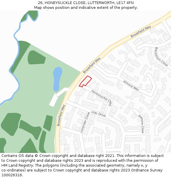 26, HONEYSUCKLE CLOSE, LUTTERWORTH, LE17 4FN: Location map and indicative extent of plot