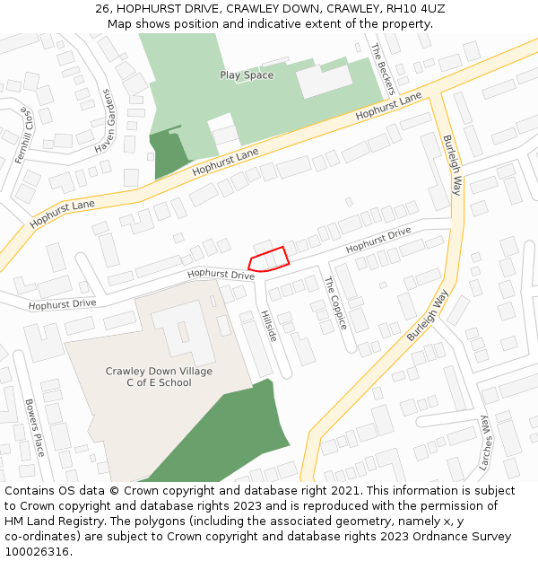 26, HOPHURST DRIVE, CRAWLEY DOWN, CRAWLEY, RH10 4UZ: Location map and indicative extent of plot