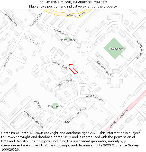 26, HOPKINS CLOSE, CAMBRIDGE, CB4 1FD: Location map and indicative extent of plot