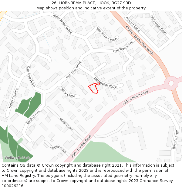 26, HORNBEAM PLACE, HOOK, RG27 9RD: Location map and indicative extent of plot