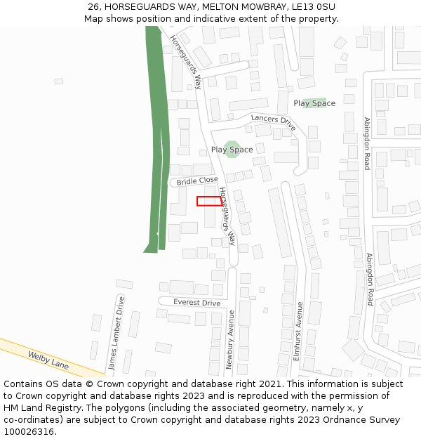 26, HORSEGUARDS WAY, MELTON MOWBRAY, LE13 0SU: Location map and indicative extent of plot