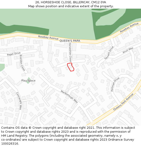 26, HORSESHOE CLOSE, BILLERICAY, CM12 0YA: Location map and indicative extent of plot