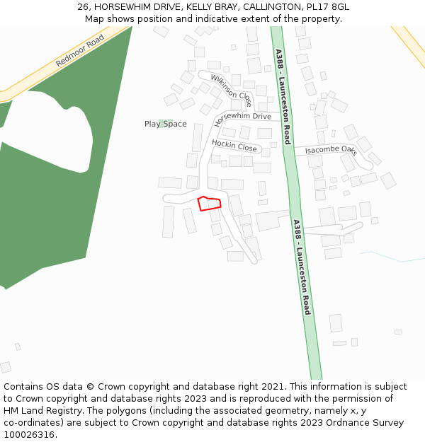 26, HORSEWHIM DRIVE, KELLY BRAY, CALLINGTON, PL17 8GL: Location map and indicative extent of plot