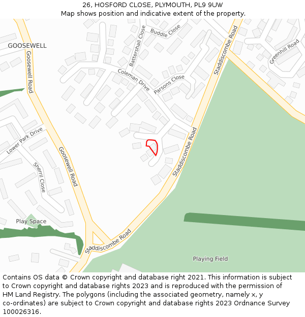 26, HOSFORD CLOSE, PLYMOUTH, PL9 9UW: Location map and indicative extent of plot