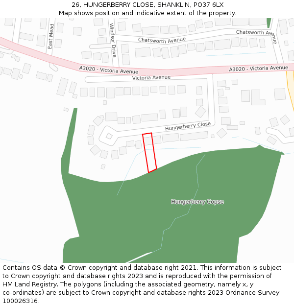 26, HUNGERBERRY CLOSE, SHANKLIN, PO37 6LX: Location map and indicative extent of plot