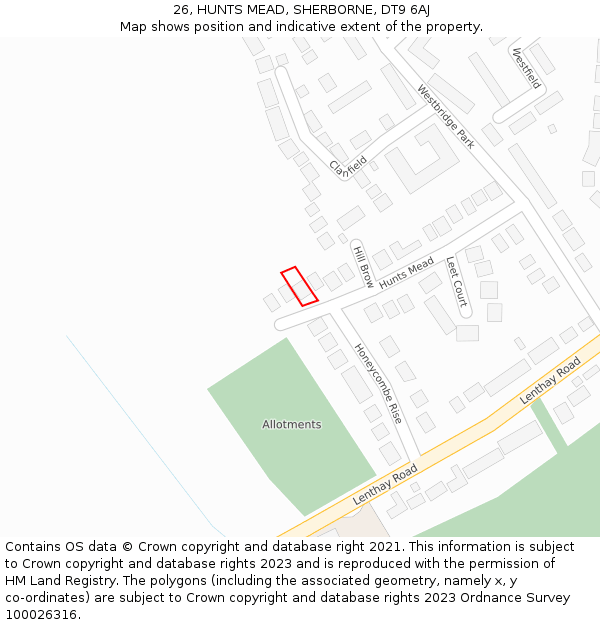 26, HUNTS MEAD, SHERBORNE, DT9 6AJ: Location map and indicative extent of plot