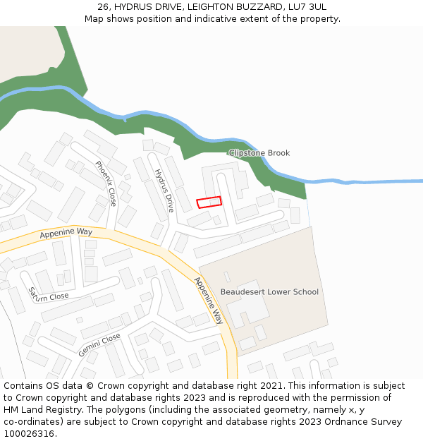 26, HYDRUS DRIVE, LEIGHTON BUZZARD, LU7 3UL: Location map and indicative extent of plot