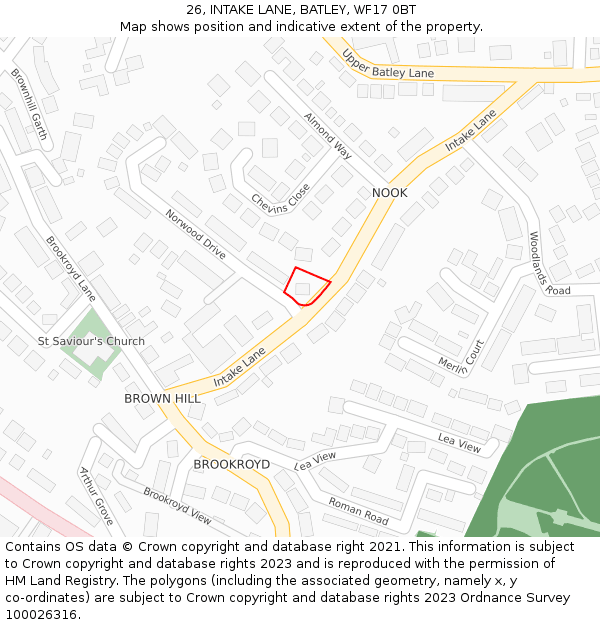 26, INTAKE LANE, BATLEY, WF17 0BT: Location map and indicative extent of plot