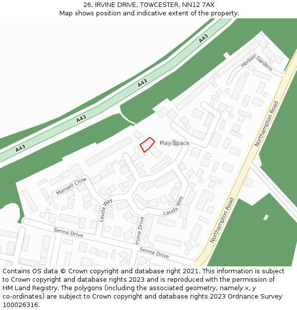 26, IRVINE DRIVE, TOWCESTER, NN12 7AX: Location map and indicative extent of plot