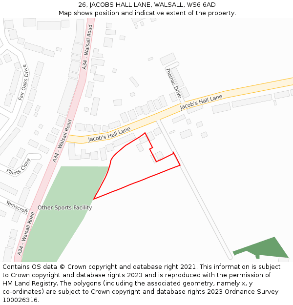 26, JACOBS HALL LANE, WALSALL, WS6 6AD: Location map and indicative extent of plot