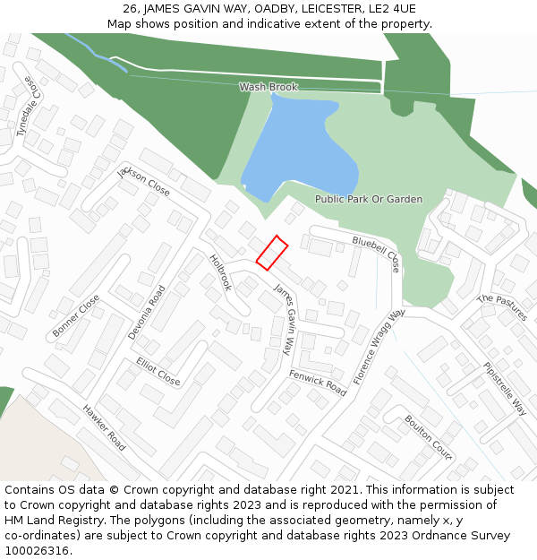 26, JAMES GAVIN WAY, OADBY, LEICESTER, LE2 4UE: Location map and indicative extent of plot