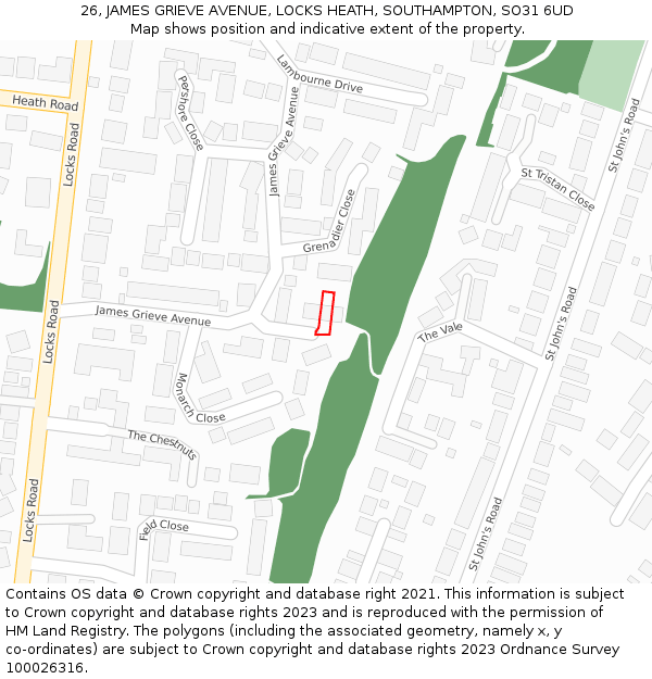 26, JAMES GRIEVE AVENUE, LOCKS HEATH, SOUTHAMPTON, SO31 6UD: Location map and indicative extent of plot