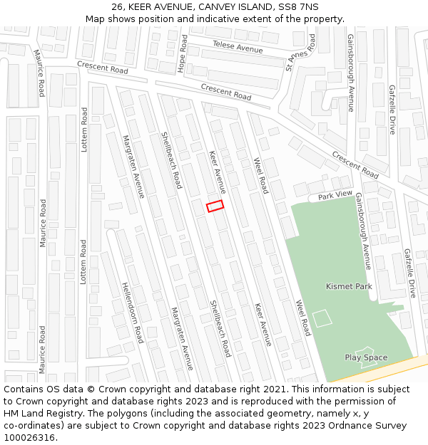 26, KEER AVENUE, CANVEY ISLAND, SS8 7NS: Location map and indicative extent of plot