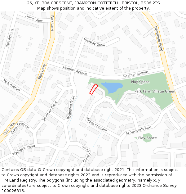 26, KELBRA CRESCENT, FRAMPTON COTTERELL, BRISTOL, BS36 2TS: Location map and indicative extent of plot