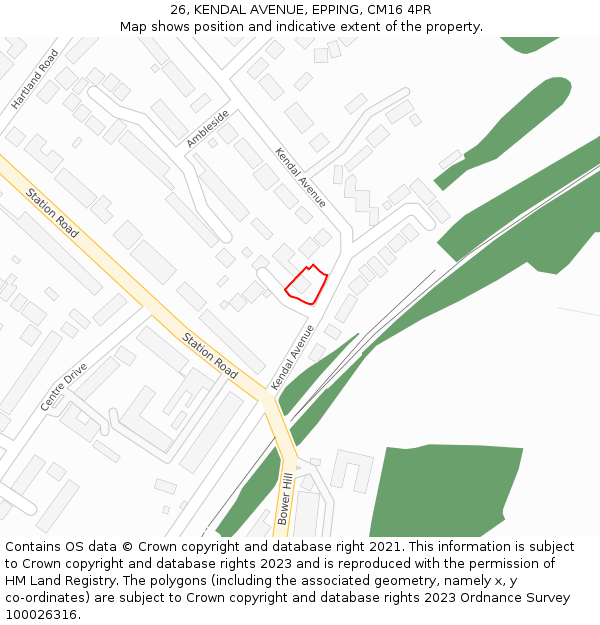 26, KENDAL AVENUE, EPPING, CM16 4PR: Location map and indicative extent of plot