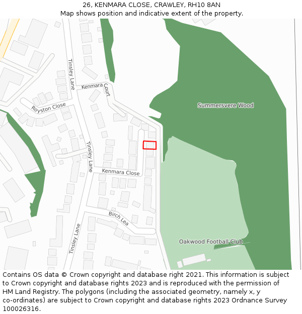 26, KENMARA CLOSE, CRAWLEY, RH10 8AN: Location map and indicative extent of plot