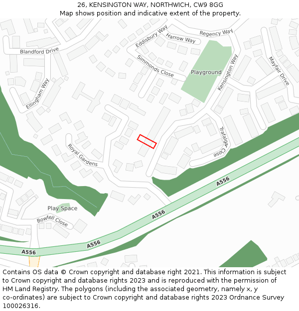 26, KENSINGTON WAY, NORTHWICH, CW9 8GG: Location map and indicative extent of plot