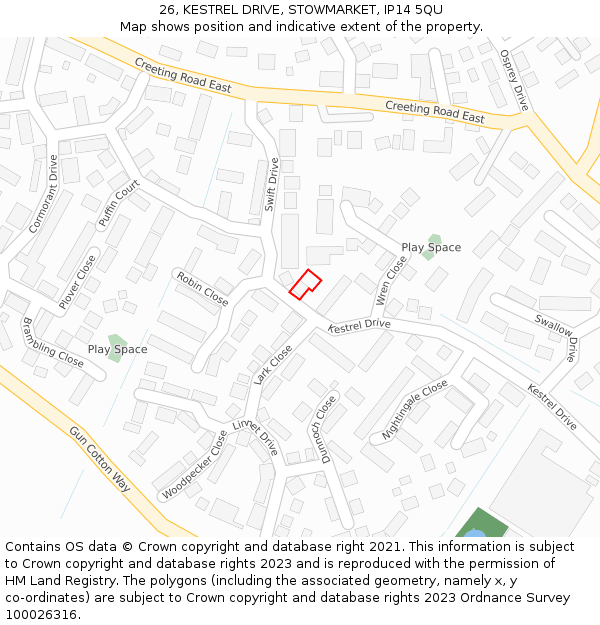 26, KESTREL DRIVE, STOWMARKET, IP14 5QU: Location map and indicative extent of plot
