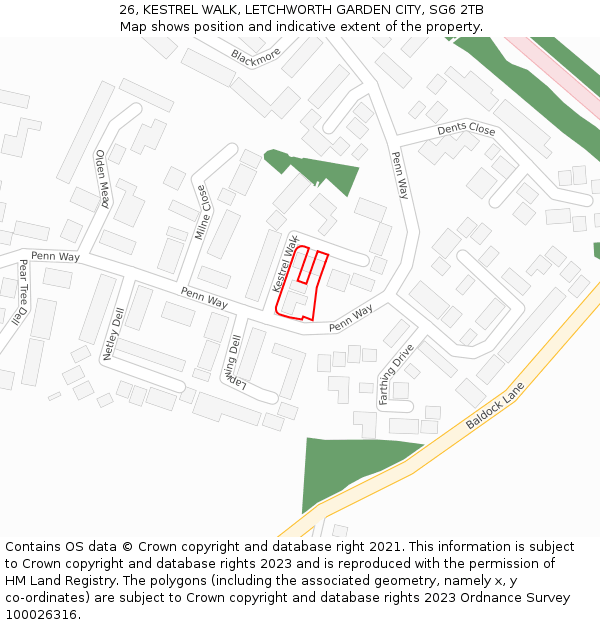 26, KESTREL WALK, LETCHWORTH GARDEN CITY, SG6 2TB: Location map and indicative extent of plot