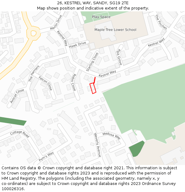 26, KESTREL WAY, SANDY, SG19 2TE: Location map and indicative extent of plot