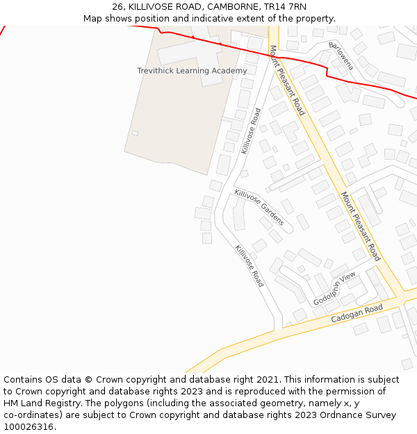 26, KILLIVOSE ROAD, CAMBORNE, TR14 7RN: Location map and indicative extent of plot