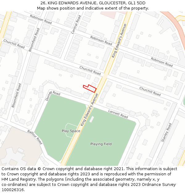 26, KING EDWARDS AVENUE, GLOUCESTER, GL1 5DD: Location map and indicative extent of plot