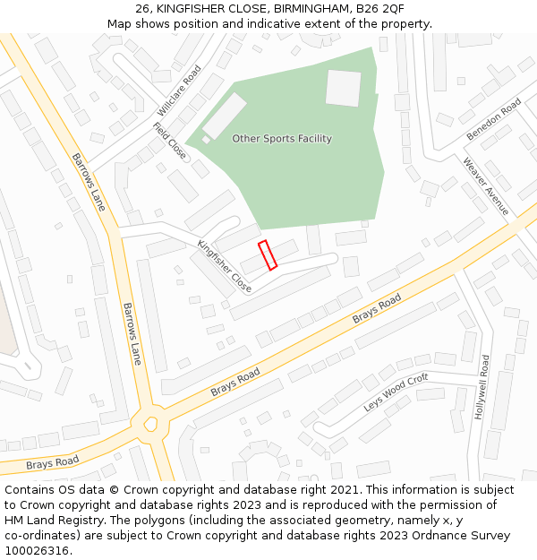 26, KINGFISHER CLOSE, BIRMINGHAM, B26 2QF: Location map and indicative extent of plot