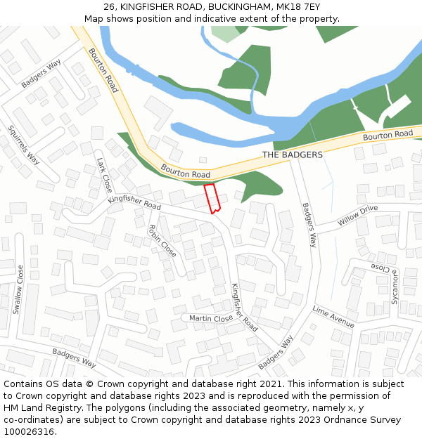 26, KINGFISHER ROAD, BUCKINGHAM, MK18 7EY: Location map and indicative extent of plot