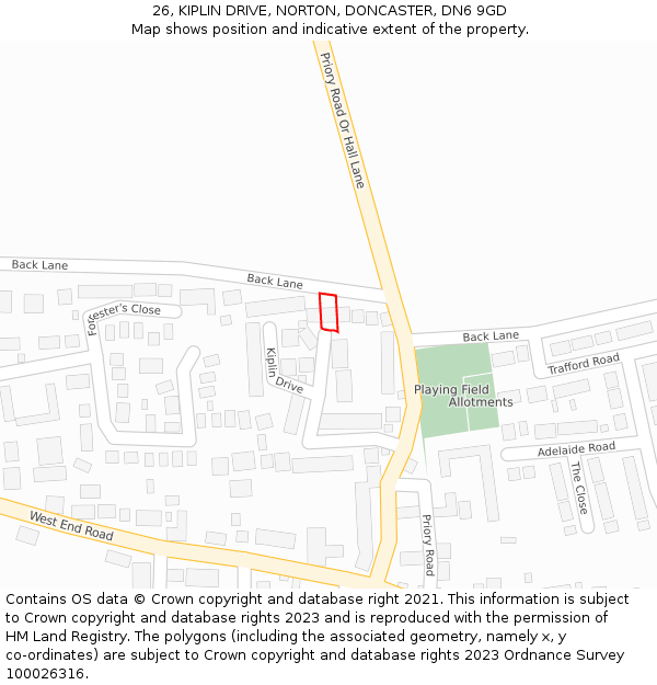 26, KIPLIN DRIVE, NORTON, DONCASTER, DN6 9GD: Location map and indicative extent of plot