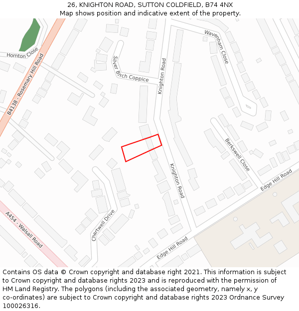 26, KNIGHTON ROAD, SUTTON COLDFIELD, B74 4NX: Location map and indicative extent of plot