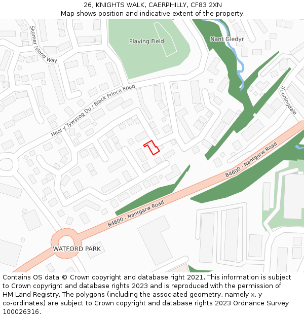 26, KNIGHTS WALK, CAERPHILLY, CF83 2XN: Location map and indicative extent of plot