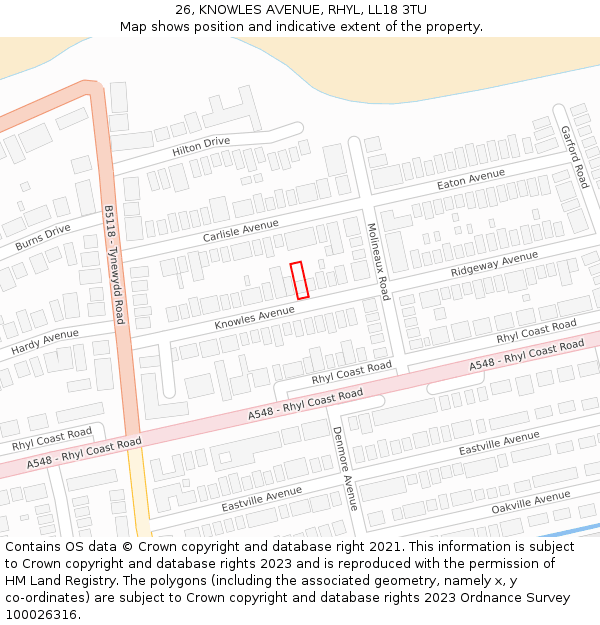 26, KNOWLES AVENUE, RHYL, LL18 3TU: Location map and indicative extent of plot