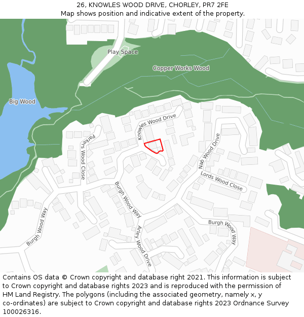 26, KNOWLES WOOD DRIVE, CHORLEY, PR7 2FE: Location map and indicative extent of plot