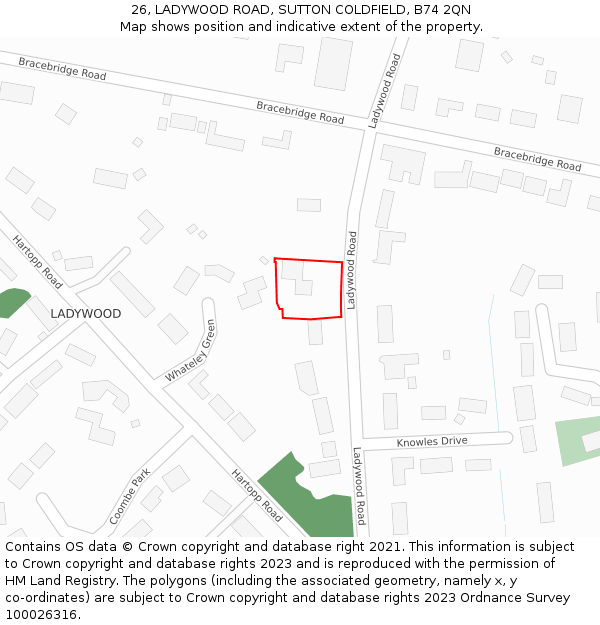 26, LADYWOOD ROAD, SUTTON COLDFIELD, B74 2QN: Location map and indicative extent of plot