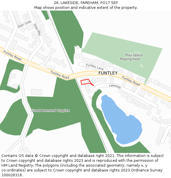 26, LAKESIDE, FAREHAM, PO17 5EP: Location map and indicative extent of plot