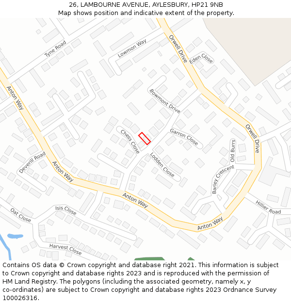 26, LAMBOURNE AVENUE, AYLESBURY, HP21 9NB: Location map and indicative extent of plot