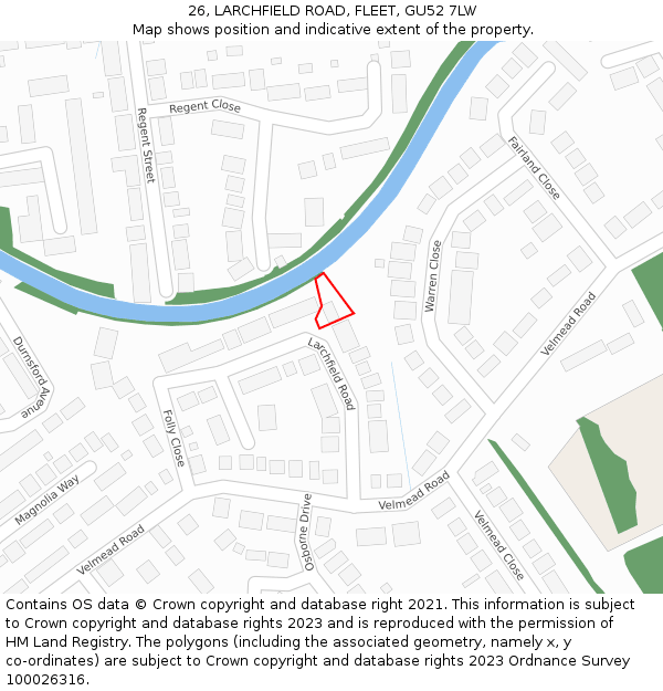 26, LARCHFIELD ROAD, FLEET, GU52 7LW: Location map and indicative extent of plot