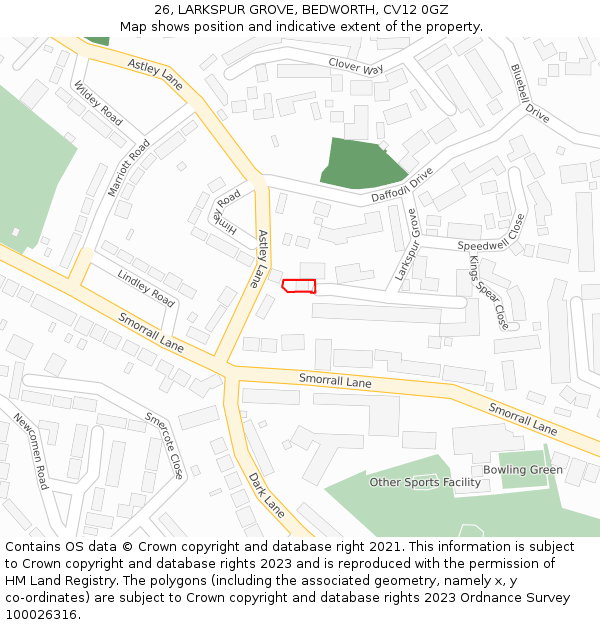 26, LARKSPUR GROVE, BEDWORTH, CV12 0GZ: Location map and indicative extent of plot